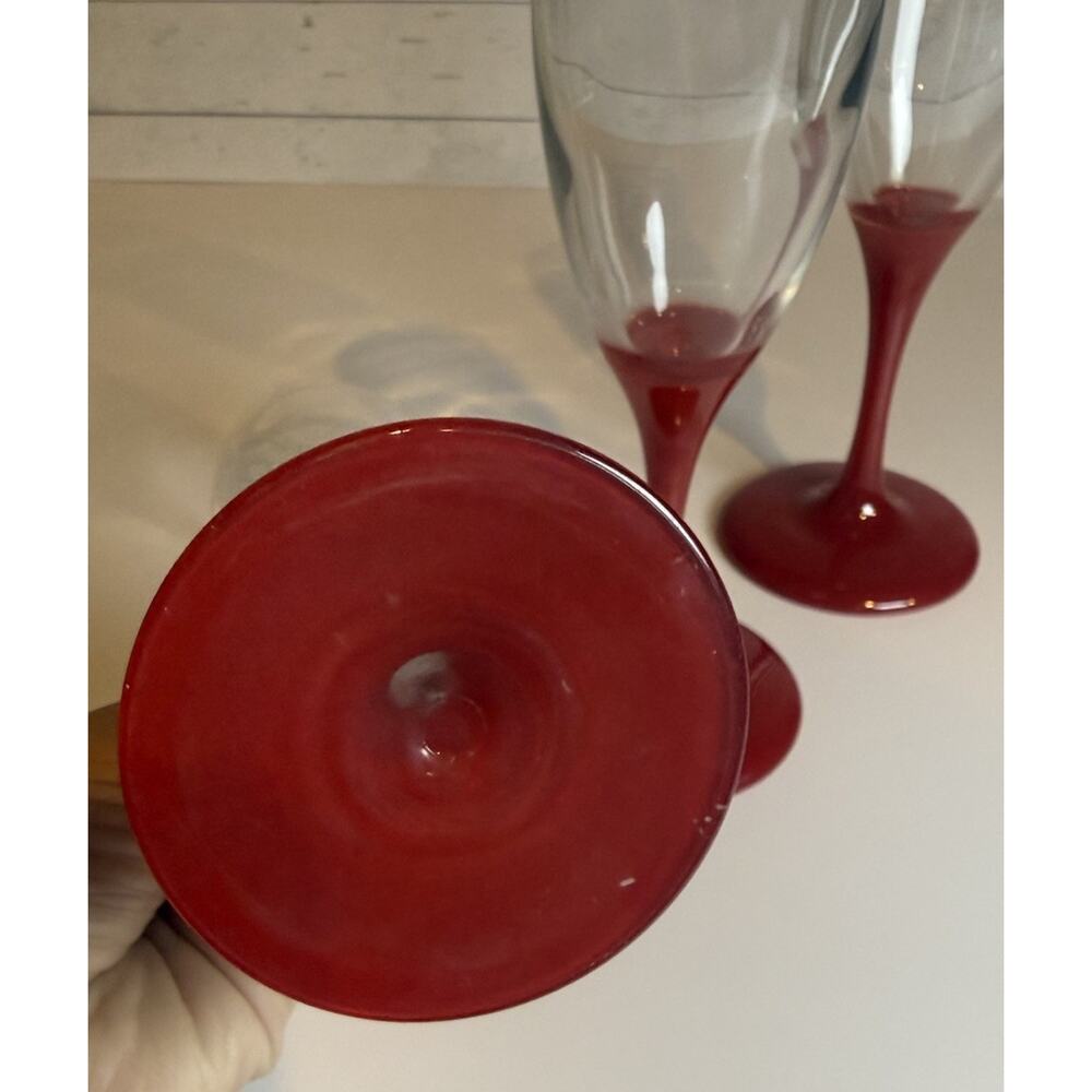 Vintage Red Stem Champagne Flutes 8” Set of 3 Cristal d’Arques Style - Picture 4 of 4